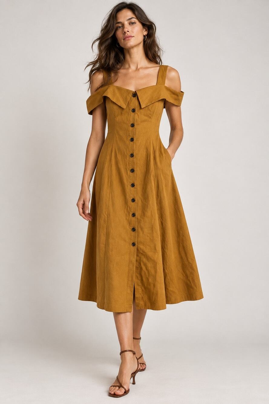 A.L.C. Hudson Dress Ochre Linen Blend Off Shoulder Midi Dress Size 4
